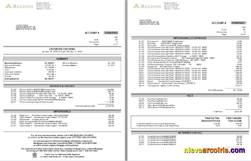 USA Tennesse Regions bank statement, 4 pages, version 2 scr